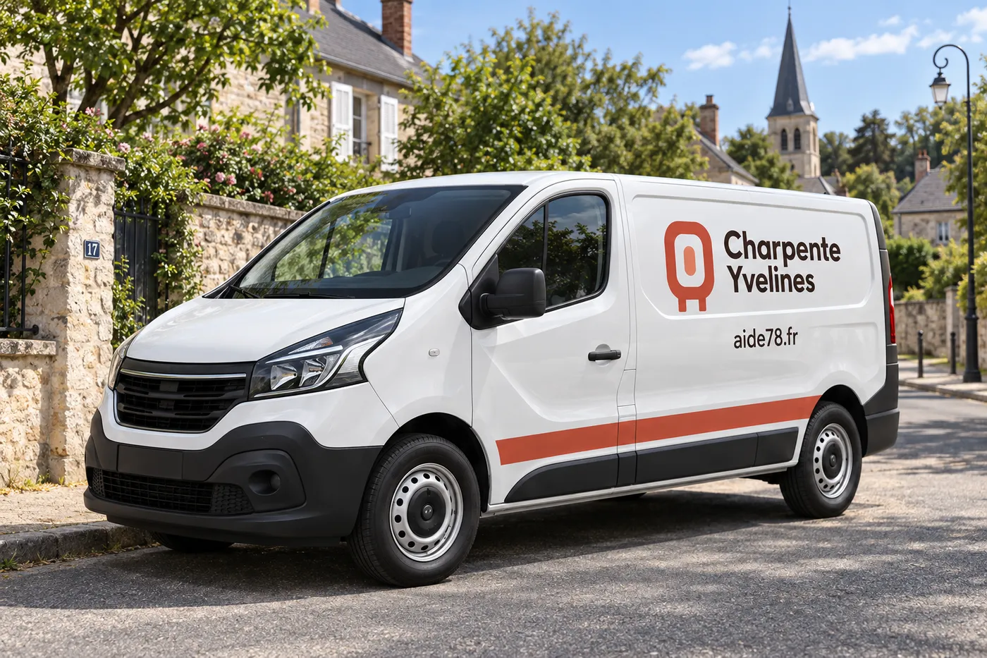 Camionnette Charpente Yvelines aux couleurs aide78.fr garée dans une rue résidentielle des Yvelines